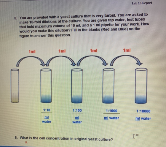 Lab 16 Report 5. You are provided with a yeast culture that is very turbid. You are asked to make 10-fold dilutions of the cu