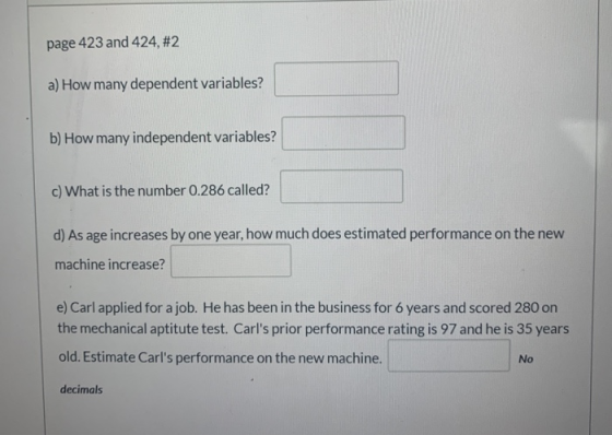 page 423 and 424, #2 a) How many dependent variables? b) How many independent variables? c) What is the number 0.286 called?
