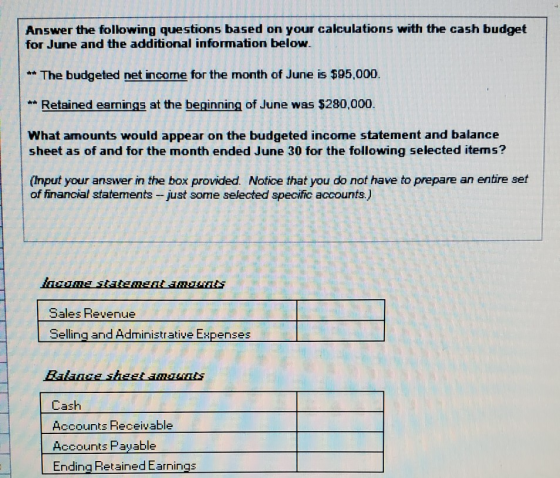 Answer the following questions based on your calculations with the cash budget for June and the additional information below.