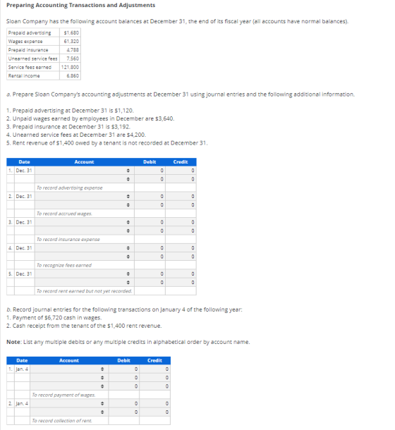 Preparing Accounting Transactions and Adjustments Sloan Company has the following account balances at December 31, the end of