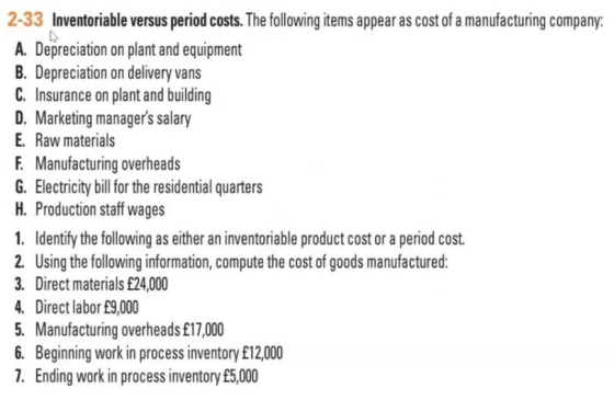2-33 Inventoriable versus period costs. The following items appear as cost of a manufacturing company: A. Depreciation on pla