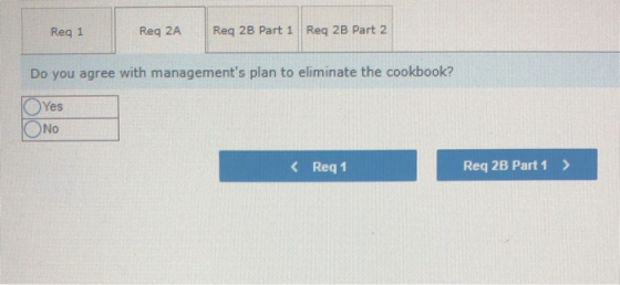 Reg 1 Req 2A Reg 2B Part 1 Req 2B Part 2 Do you agree with managements plan to eliminate the cookbook? Yes No < Reg 1 Req 2B