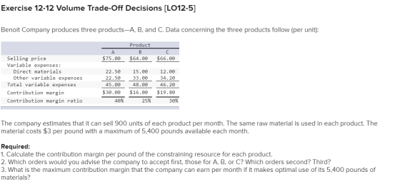 Exercise 12-12 Volume Trade-Off Decisions (L012-5] Benoit Company produces three products-A, B, and C. Data concerning the th