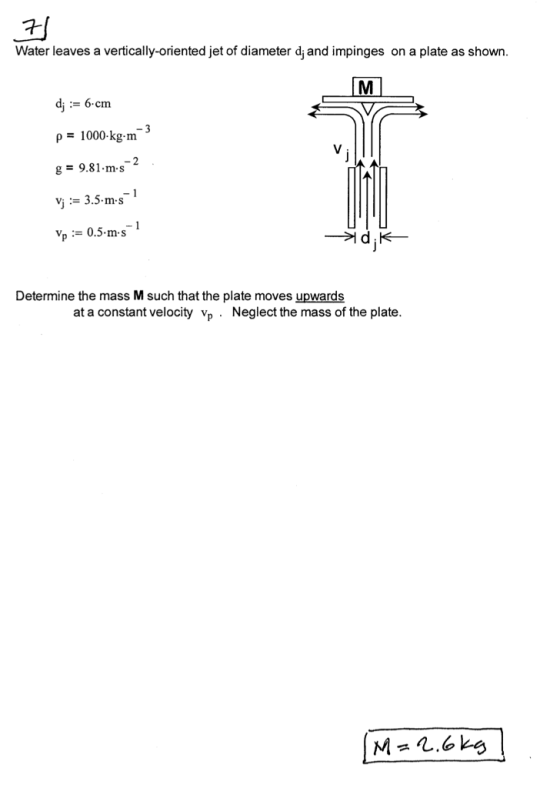 7- Water leaves a vertically-oriented jet of diameter dj and impinges on a plate as shown. d6-cm 1000-kgm g= 9.81-m-s-2 vj := 3.5-ms-i p0.5 m-s Determine the mass M such that the plate moves upwards at a constant velocity Vp . Neglect the mass of the plate.