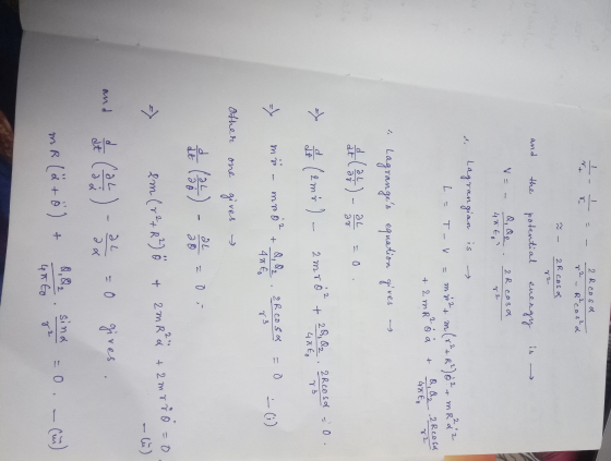 하 SH 2 R cosa 2 – R² costa + 2 R cos of 72 and the potential energy is VE 2 2 R cosa 40 ton re -> is Lagrangian L = T - V m²