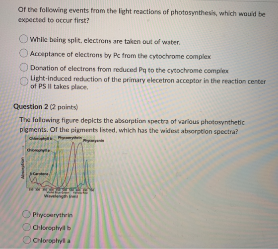 Of the following events from the light reactions of photosynthesis, which would be expected to occur first? While being split