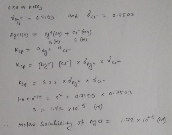 0.150 M KNO3 Sagt = 0.7199 and scu - 0.7503 + Ag cl(s) à Ag + (aq) + ci(ar) S (M) S (M) Кез да + au- Ksp = {Agt] [cr] x 8 Ag+