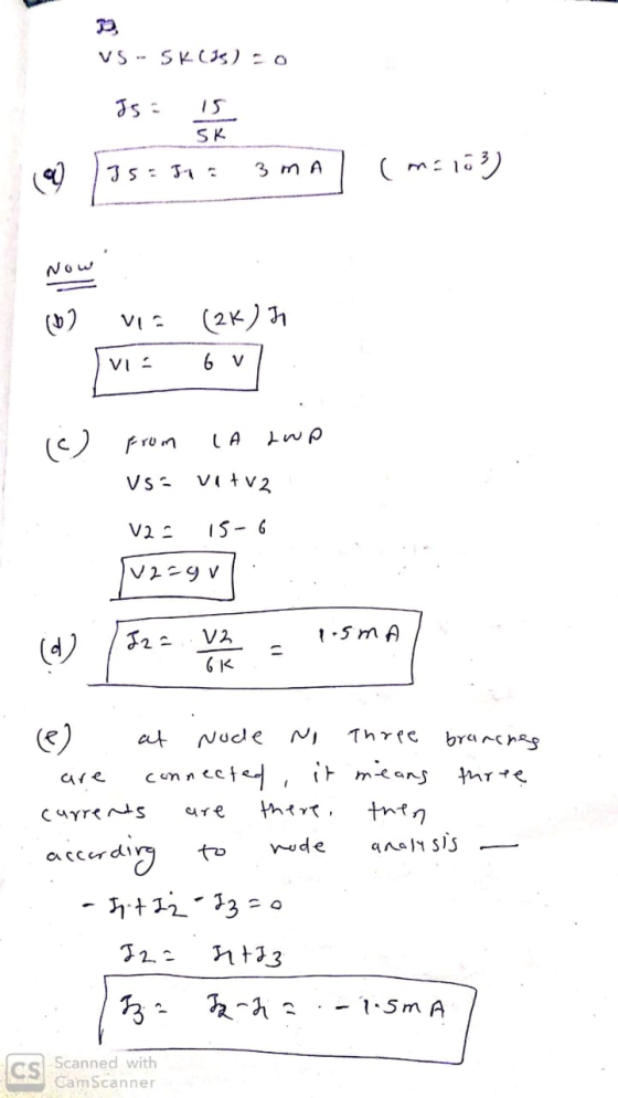 VS - 5K (35) 20 Is is a 135= 54 = 3mA (n=103) Now (1) Vis (2K) 31 VE 6 v ] (c) From LA Lap VSE VA tv2 V2 = 15-6 [v2=gv] (d) 3