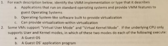 For each description below, identify the VMM implementation or type that it describes a. Applications that run on standard op