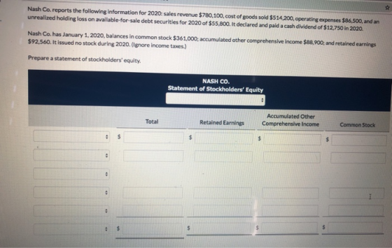 Nash Co. reports the following information for 2020: sales revenue $780,100,cost of goods sold $514,200, operating expenses $