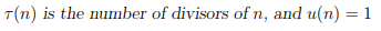 T(n) is the number of divisors of n, and u(n)-1