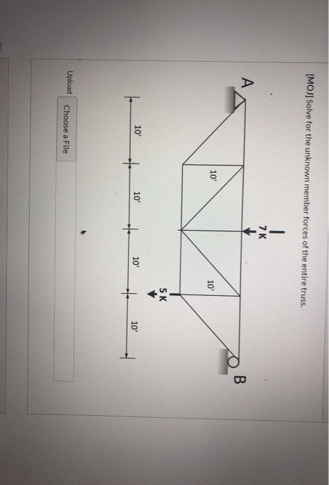[MOJ] Solve for the unknown member forces of the entire truss. OB 10. 5K 10 to 10 + 10 to 2014 Upload Choose a File
