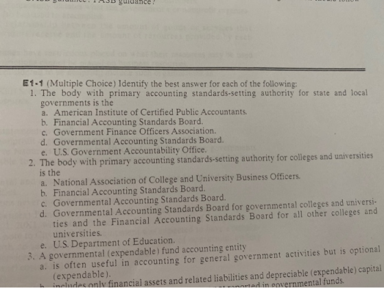 DTUD buuuc. 1.B guidance? E1-1 (Multiple Choice) Identify the best answer for each of the following: 1. The body with primary