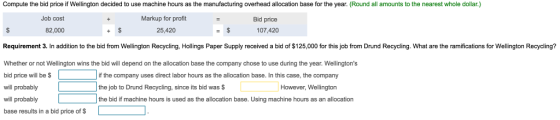 Compute the bid price if Wellington decided to use machine hours as the manufacturing overhead allocation base for the year. (Round all amounts to the nearest whole dollar.) Job cost Markup for profit 25,420 Bid price 107,420 82,000 Requirement 3. In addition to the bid from Wellington Recycling, Hollings Paper Supply received a bid of $125,000 for this job from Drund Recycling. What are the ramifications for Wellington Recycling? Whether or not Wellington wins the bid will depend on the allocation base the company chose to use during the year. Wellingtons bid price will be sif the company uses direct Ilabor hours as the allocation base. In this case, the company will probably will probably base results in a bid price of $ the job to Drund Recycling, since its bid was$ the bid if machine hours is used as the allocation base. Using machine hours as an allocation However, Wellington