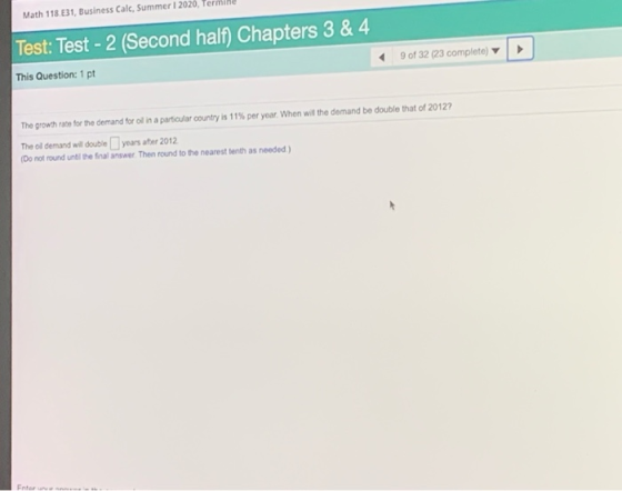 Math 118.531, Business Calc, Summer i 2020, Test: Test - 2 (Second half) Chapters 3 & 4 This Question: 1 pt 9 of 32 (23 compl