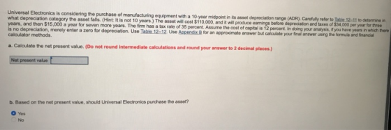 Universal Electronics is considering the purchase of manufacturing equipment with a 10-year midpoint in its asset depreciatio