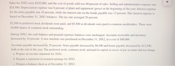 Sales for 20X2 were $245,000, and the cost of goods sold was 60 percent of sales. Selling and administrative expense was $24,