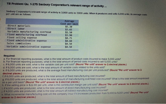 TB Problem Qu. 1-275 Saxbury Corporations relevant range of activity ... Saxbury Corporations relevant range of activity is