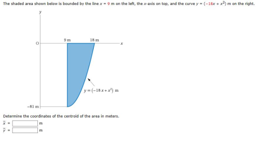 The shaded area shown below is bounded by the line x = 9 m on the left, the x-axis on top, and the curve y = (-18x + x2) m on