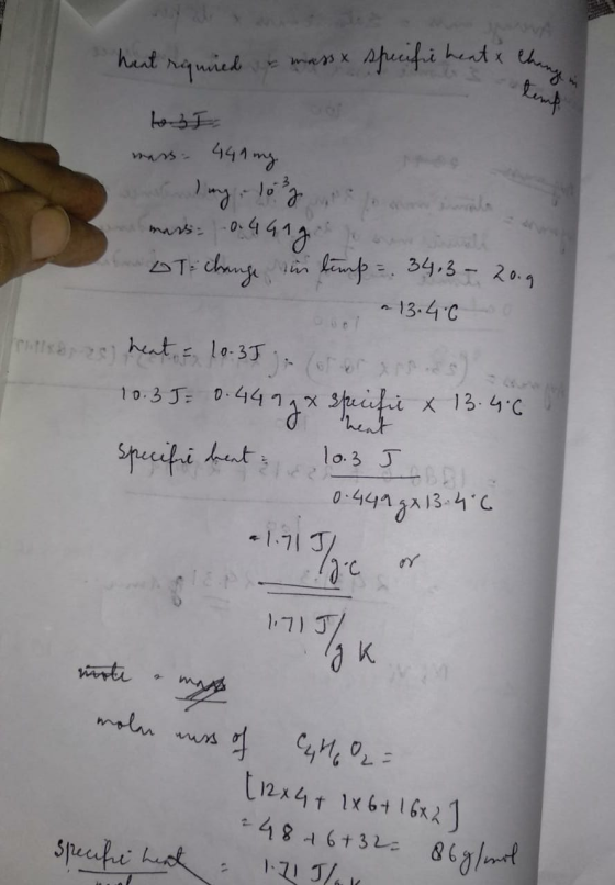 heat required & massx specific heat & Chanes tezi mars - 441mg mars= -0.4Gng oT change in timp = 34,3 - 2009 on 213.4.0 heat