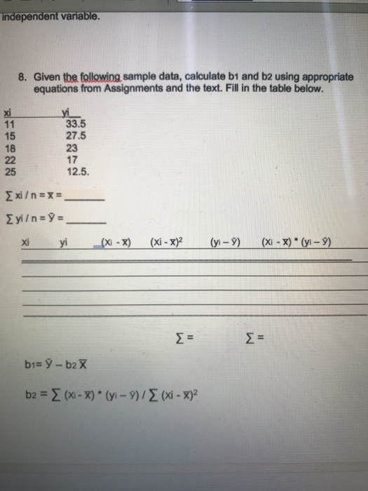 independent vaniable Given the following sample data, calculate b1 and b2 using appropriate equations from Assignments and th