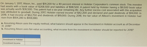 On January 1, 2017, Alison, Inc., paid $91,200 for a 40 percent interest in Holister Corporations common stock. This investe