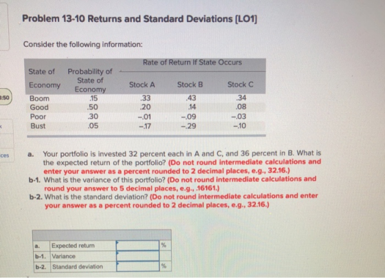 Problem 13-10 Returns and Standard Deviations (L01) Consider the following information: Rate of Return If State Occurs Probab