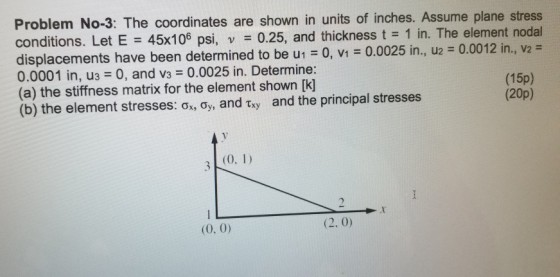 Problem No-3: The coordinates are shown in units of inches. Assume plane stress conditions. Let E 45x1 displacements have been determined to be u 1-0, v1 0.0025 in., u2 = 0.0012 in, v2 0.0001 in, u3 0, and v3 0.0025 in. Determine: (a) the stiffness matrix for the element shown [k] (b) the element stresses: ??, dy, and ? y and the principal stresses 06 psi, v = 0.25, and thickness t 1 in. The element nodal (15p) (20p) (0. 0) (2. 0)