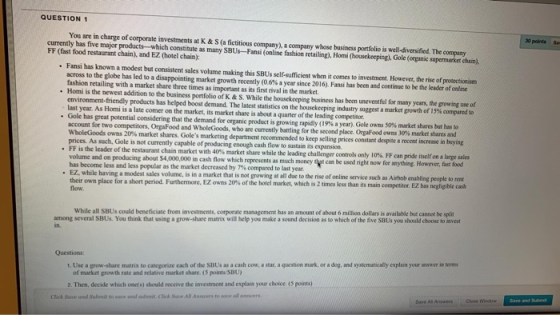 QUESTION 1 30 points You are in charge of corporate investments at K&S (a fictitious company), a company whose business portf
