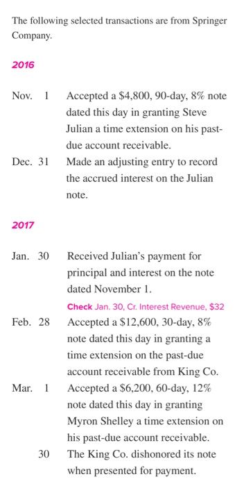 The following selected transactions are from Springer Company. 2016 Nov. 1 Accepted a $4,800, 90-day, 8% note dated this day