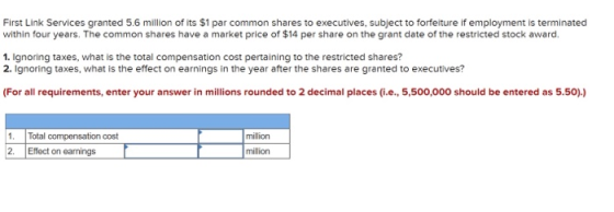 First Link Services granted 5.6 million of its $1 par common shares to executives, subject to forfeiture if employment is ter