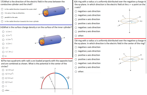 13) What is the direction of the electric field in the area between the conductive cylinder and the shell? + O in the radial