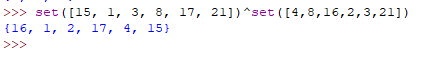 >>> set([15, 1, 3, 8, 17, 21])*set([4,8,16,2,3,21]) {16, 1, 2, 17, 4, 15)