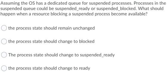 Assuming the OS has a dedicated queue for suspended processes. Processes in the suspended queue could be suspended_ready or s