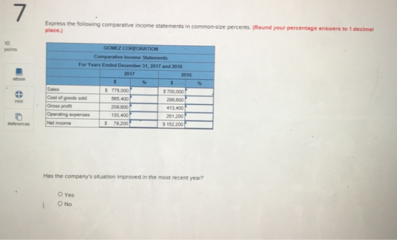 7 Express the following comparative income statements in common-size place.) percents. (Round your percentage answers to 1 decimal 10 points GOMEZ CORPORATION Comparative Income Statements For Years Ended December 31, 2017 and 2016 2017 2016 Sales 775,000 565.400 200,600 130.400 $ 79,200 s700,000 286,600 413,400 261.200 152.200 Cost of goods sold Gross profit References Net income Has the companys situation improved in the most recent year? O Yes O No