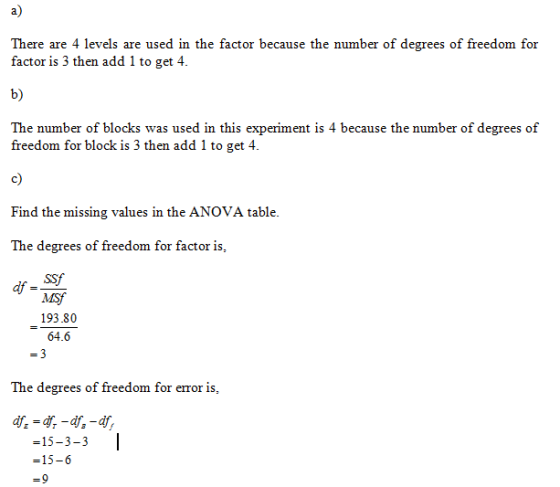 a) in the factor because the number of degrees of freedom for factor is 3 then add 1 to get 4. b) The number of blocks was used in this experiment is 4 because the number of degrees of freedom for block is 3 then add 1 to get 4. c) Find the missing values in the ANOVA table. The degrees of freedom for factor is, df ssf MSf 193.80 64.6 The degrees of freedom for error is, -15-3-3 | -15-6