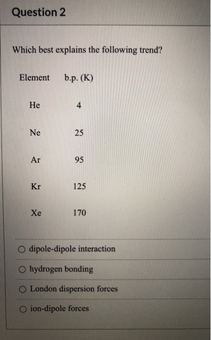 Question 2 Which best explains the following trend? Element b.p. (K) He 4 Ne 25 Ar 95 Kr 125 Xe 170 O dipole-dipole interacti