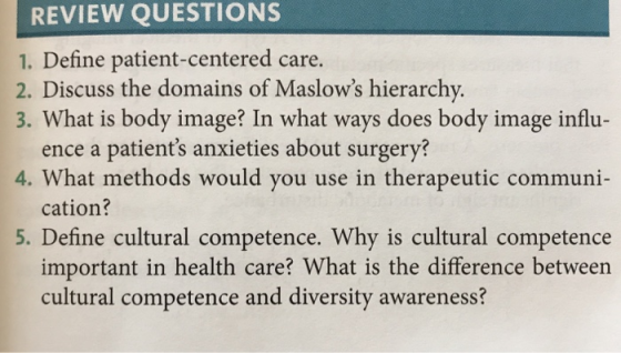 REVIEW QUESTIONS 1. Define patient-centered care. 2. Discuss the domains of Maslows hierarchy. 3. What is body image? In wha