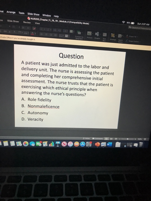 mat Arrange Tools Slide Show Window Help NUR200 Chapter 1118_19-_Module 4 Compatibility Mode] Slide Show Review View 96 Q- Se