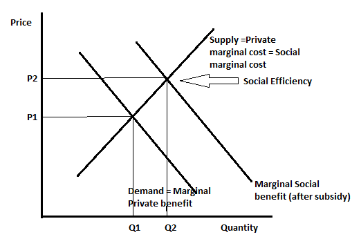 Price Supply =Private marginal cost = Social marginal cost Social Efficiency P2 P1 Demand Marginal Private benefit Marginal S