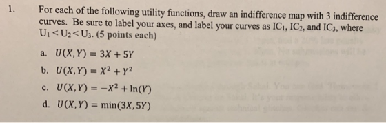 For each of the following utility functions, draw an indifference map with 3 in curves. Be sure to label your axes, and label your curves as IC1, IC2, and ICs, where difference 1 U2 U (X,Y)=3X+5Y U3. (5 points each) a. U(X, Y) U(X, Y) -X2 + ln(Y) min(3X,5Y) c. d.