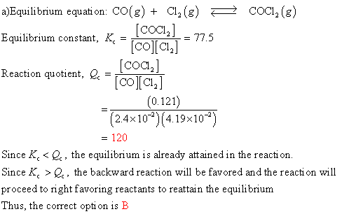 a)Equilibrium equati on: CO(g) Cl2 (g) CoCI2 (g) COCリー Equilibrium constant, K. Equilibrium constat,77.5 0a2] Reaction quotie