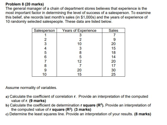 1 Problem 8 (20 marks) The general manager of a chain of department stores believes that experience is the most important fac