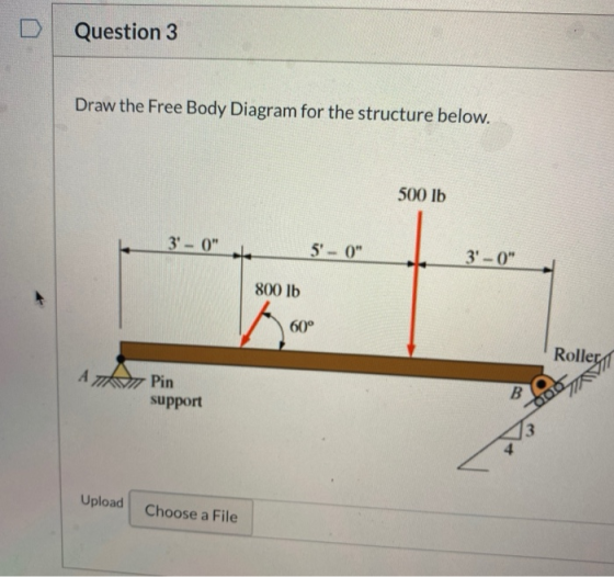 Question 3 Draw the Free Body Diagram for the structure below. 500 lb 3-0 5 - 0 3-0 800 lb 60° Roller ATA Pin B support