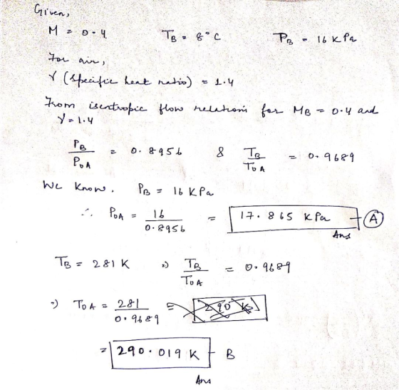 Given, Mz 0 - 4 TB z goc PB - 16 kPa for air, r (specific heat natio) = 1.4 from isentropic flow relations Yol.4 for MB = 0.4