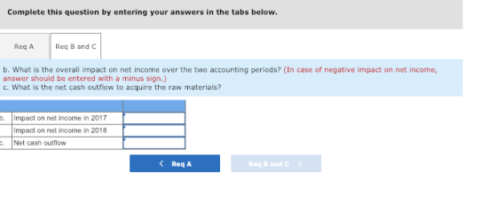 Complete this question by entering your answers in the tabs below. Req A Req B and C b. What is the overall impact on net income over the two accounting periods? (In case of negative impact on net income, answer should be entered with a minus sign.) c. What is the net cash outflow to acquire the raw materials? b. Impact on net income in 2017 Impact on net income in 2018 Net cash outflow < Req A Req B and C