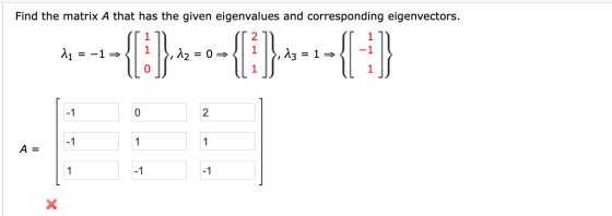 Find the matrix A that has the given eigenvalues and corresponding eigenvectors. a1 = -1 → >, 22 = 0 → 1 -1 0 2 -1 1 A= -1 -1