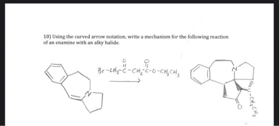 10) Using the curved arrow notation, write a mechanism for the following reaction of an enamine with an alky halide. Br- 2C-O