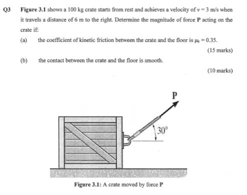 Q3 Figure 3.1 shows a 100 kg crate starts from rest and achieves a velocity of v = 3 m/s when it travels a distance of 6 m to