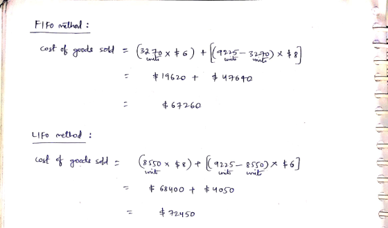 FIFO melhod : Cost of goods sold = (3270x +6) + (a1236 – 33.73) * +B] = $19620 + $47640 $67260 Lito metlod: cost of goods sol